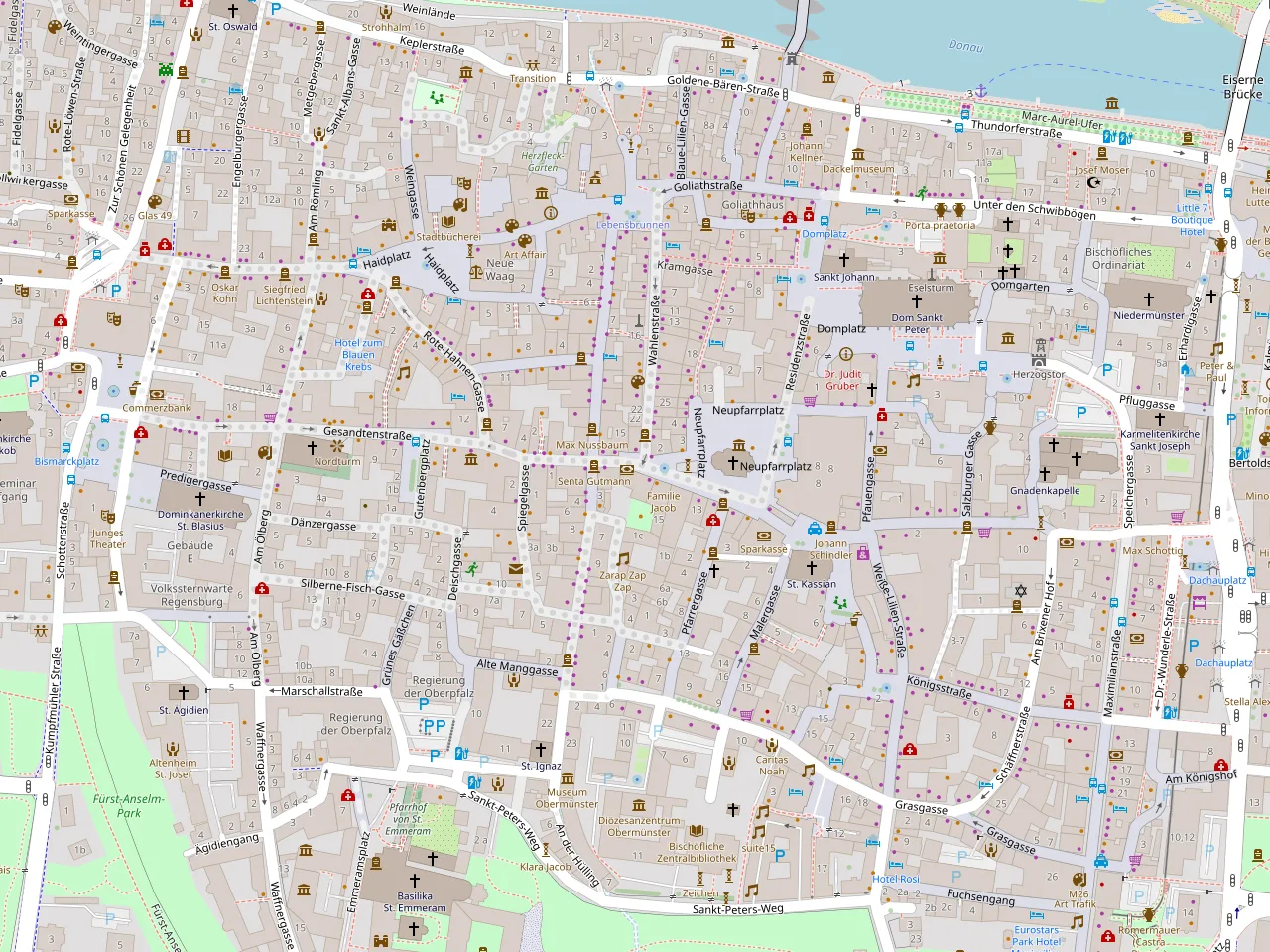 Stadtplan der Regensburger Altstadt, markiert ist der Salon am Neupfarrplatz 16